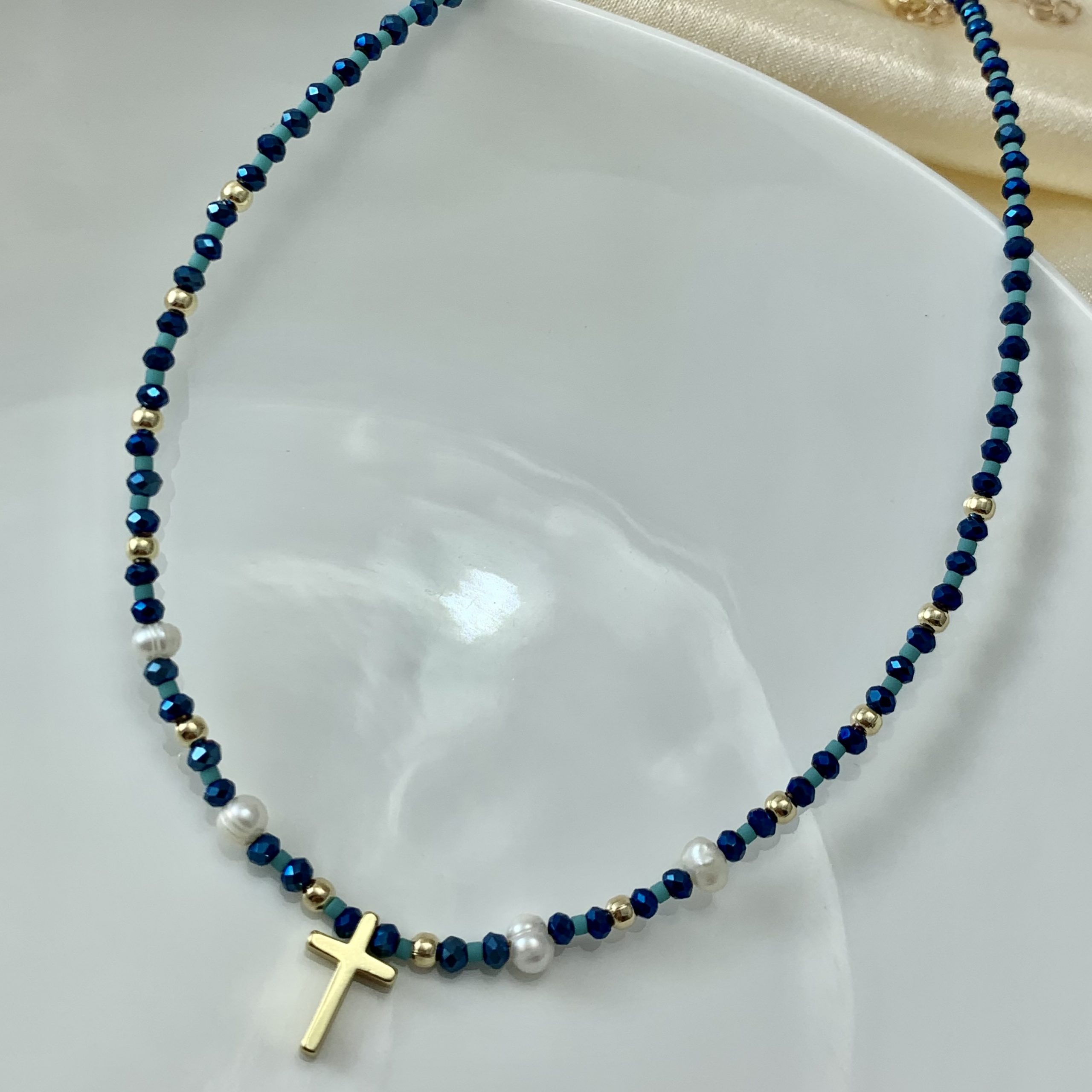 CHOKER AZUL TORNASOL Y CRUZ